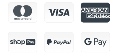 Logos of Mastercard, Visa, American Express, ShopPay, PayPal, and Google Pay on a white background